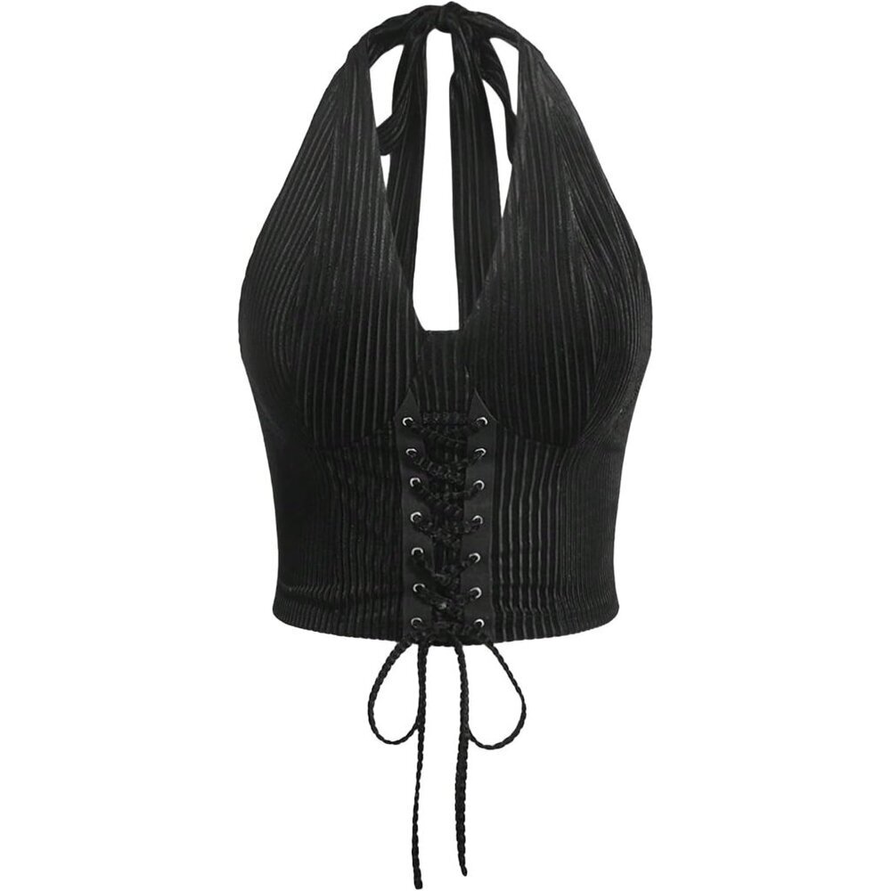 Women’s Plus Size Crop Top Lace Up Front Halter Open Back Casual Sleeveless - Picture 1 of 4